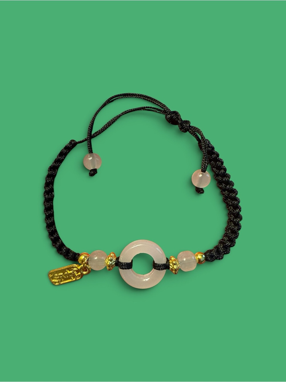 Rose Quartz Donut Charm Adjustable Bracelet - Gold Accents